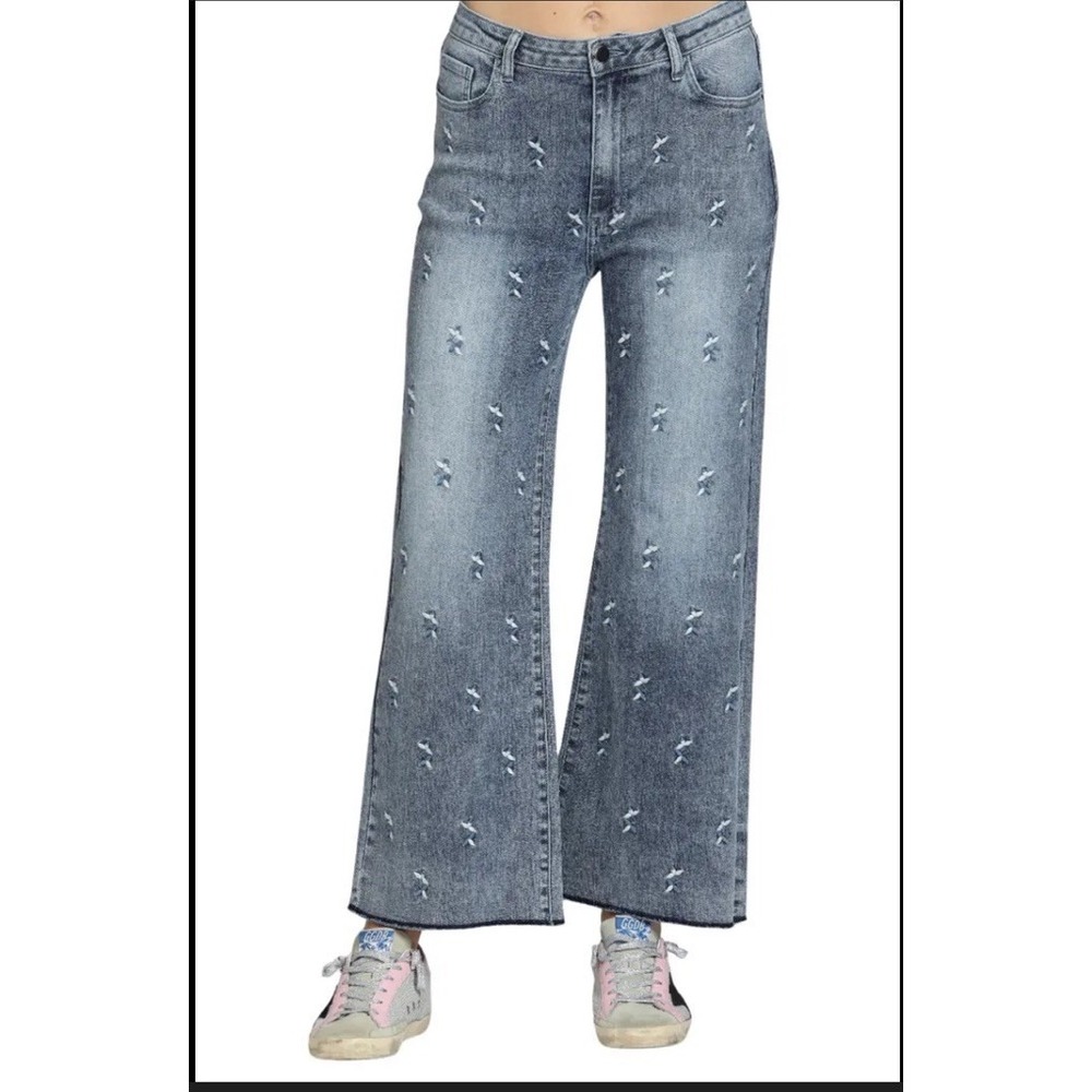 APNY Embroidered Wide Leg Jeans Womens 6 Raw Hem Two-Tone Stretch Denim - Picture 4 of 10